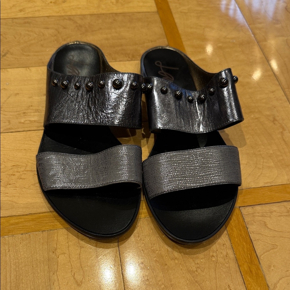 Lanvin Black and Metallic Gray Studded Slide Sandals size 39